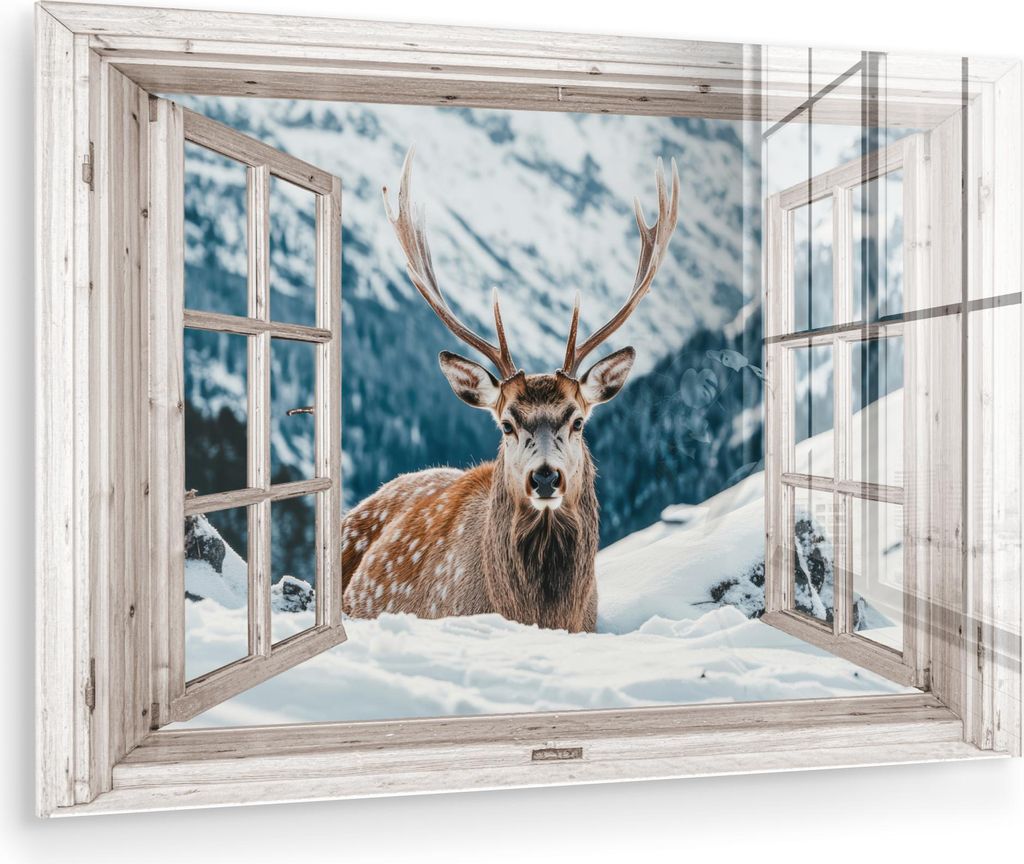 MuchoWow Glasbilder - Bilder auf Wandbild - Foto auf Glas Hirsche - Winterlandschaft - Natur - Tiere - Ansichten - Berge 90x60 cm Wanddekoration au...