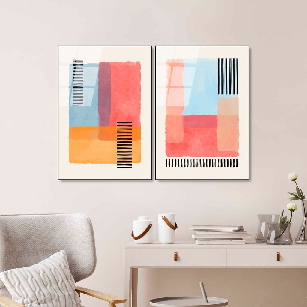 Wallity, UV-949 - 45 x 65, Dekoratives Gemälde aus gehärtetem Glas (2 Stück), Mehrfarbig, 100 % gehärtetes Glas, 45 x 65 cm