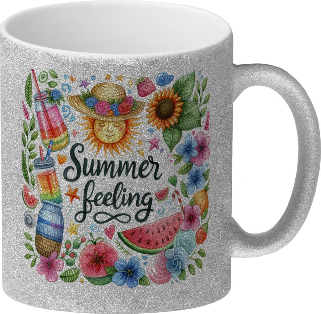 Sonne und Sommer Glitzer-Kaffeebecher mit Spruch Summer feeling