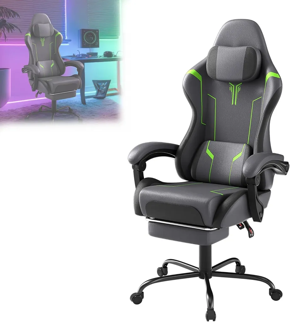 Chaise Gaming Grise avec Coussin de Massage Lombaire et Repose-pieds