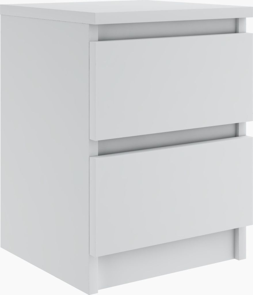 A white two-drawer nightstand or small dresser is shown from a three-quarter side view against a white background.