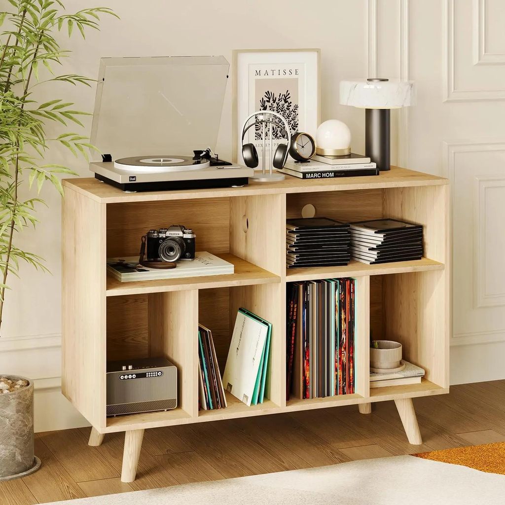 Plattenspieler Tisch - Turntable Regal - Große Vinyl Aufbewahrung - LP Schallplattenregal 100 cm - Wohnzimmermöbel - Holzfarbe