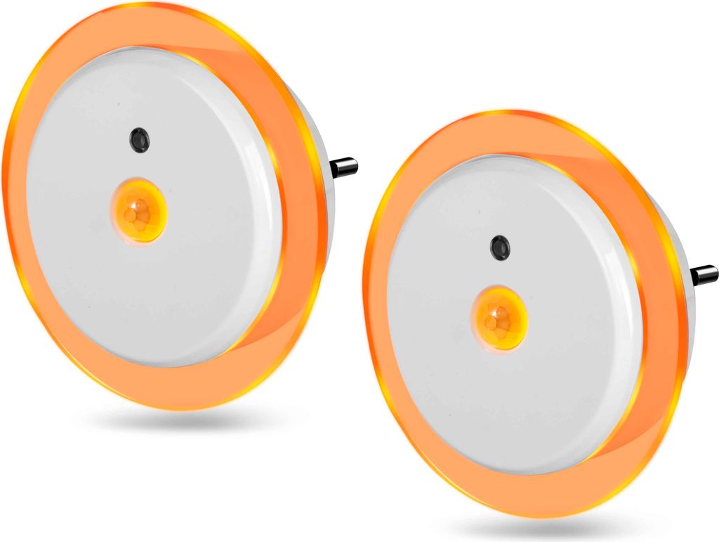 Two round LED night lights with orange trim are shown against a white background.