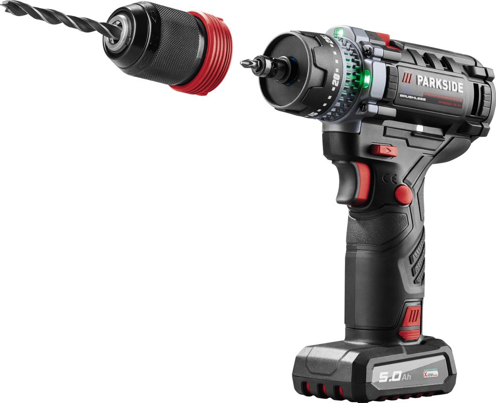A cordless drill and its chuck with a drill bit are shown against a white background.