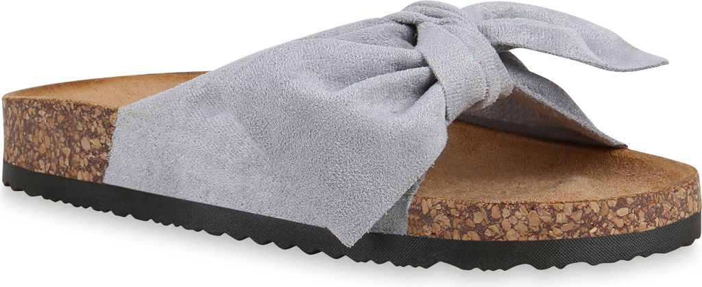 Mytrendshoe Damen Sandalen Pantoletten Hausschuhe Schleifen Schuhe 830663, Farbe: Hellgrau, Größe: 37