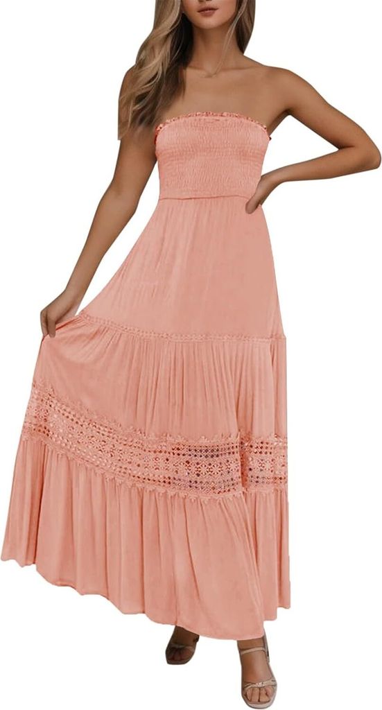 ASKSA Damen Sommer Kleider Bandeau Kleid Lang Schulterfreies y TraeGerlos Off Shoulder RueCkenfrei Spitzenbesatz Maxikleid (Wassermelonenrot,S)