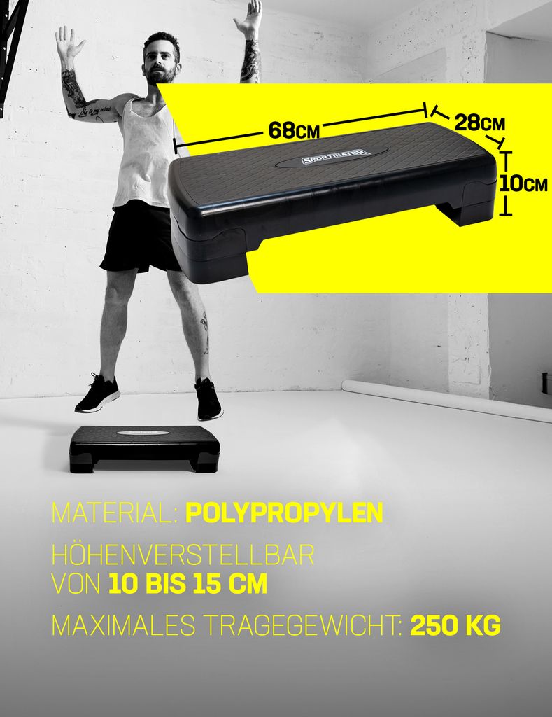 SPORTINATOR® Fitness stepper in hoogte verstelbaar van 10 tot 15 cm, compact design van kunststof met antislip oppervlak. Belastbaarheid tot 250 kg (zwart