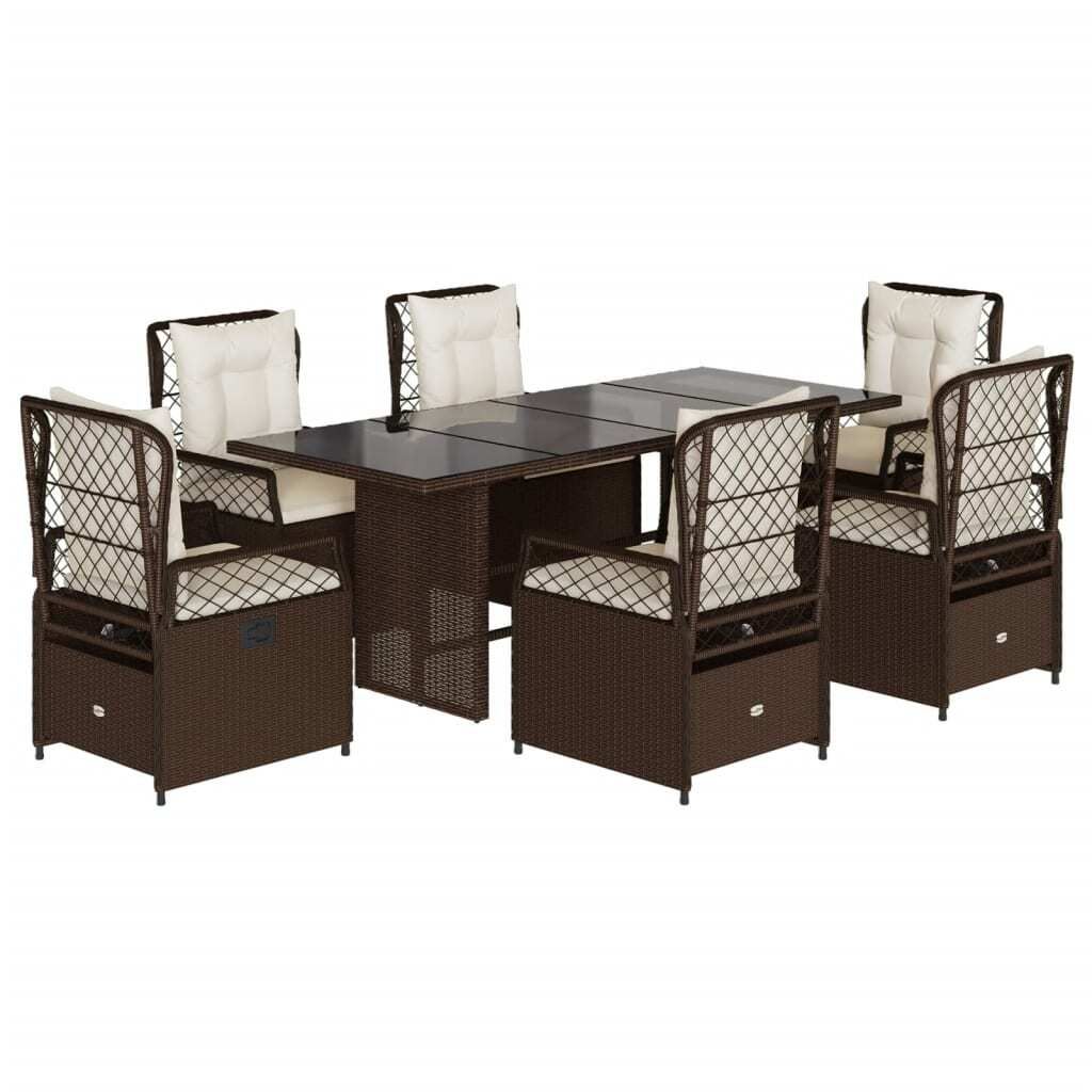 vidaXL 7-tlg. Garten-Essgruppe mit Kissen Braun Poly Rattan
