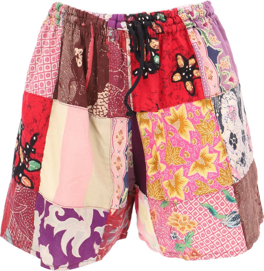 Ethno Patchwork Yogashorts, Upcycling Strandshorts, Uni - Rot/bunt, Damen, Baumwolle, Shorts, Leggings