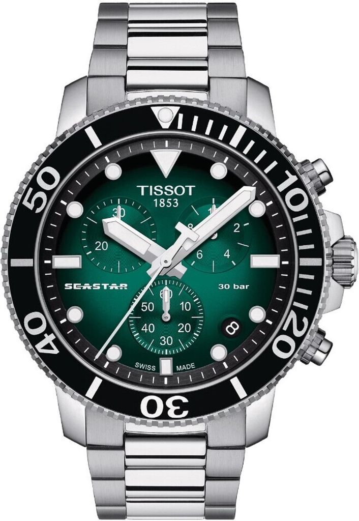 A close-up, front-facing studio shot of a Tissot Seastar 1000 Quartz Chronograph watch.