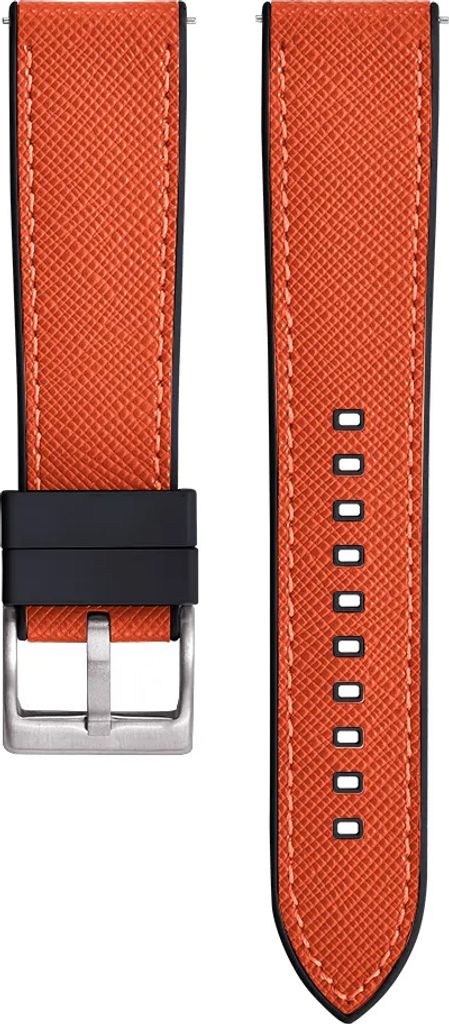 CHROONOO Saffiano Leder / Kautschuk Hybrid Performance Uhrenarmband - Orange/Schwarz, 20 mm, Silber gebürstet