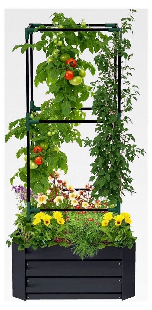 Hochbeet mit Rankhilfe, Höhenverstellbarer Blumenkasten mit Offenem Boden, Gemüsebeet, Pflanzkasten, Kräuterbeet für Garten und Balkon, Verzink...