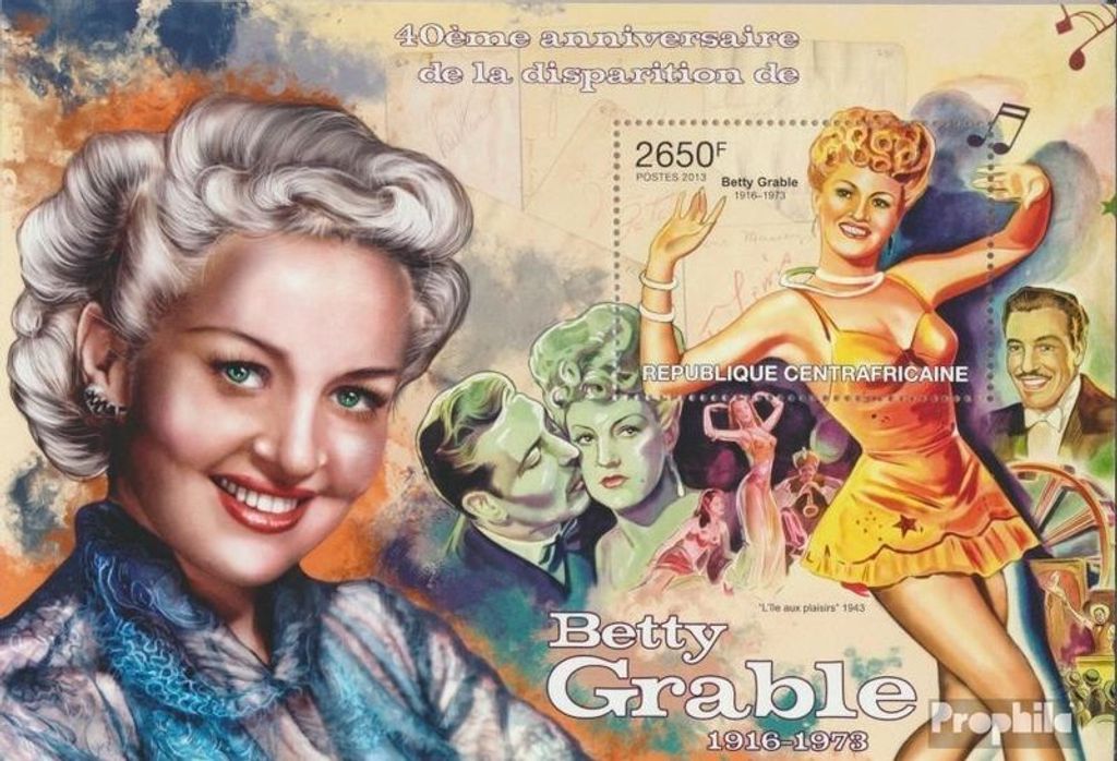 Briefmarken Zentralafrikanische Republik 2013 Mi Block 1020 (kompl. Ausgabe) postfrisch Betty Grable.