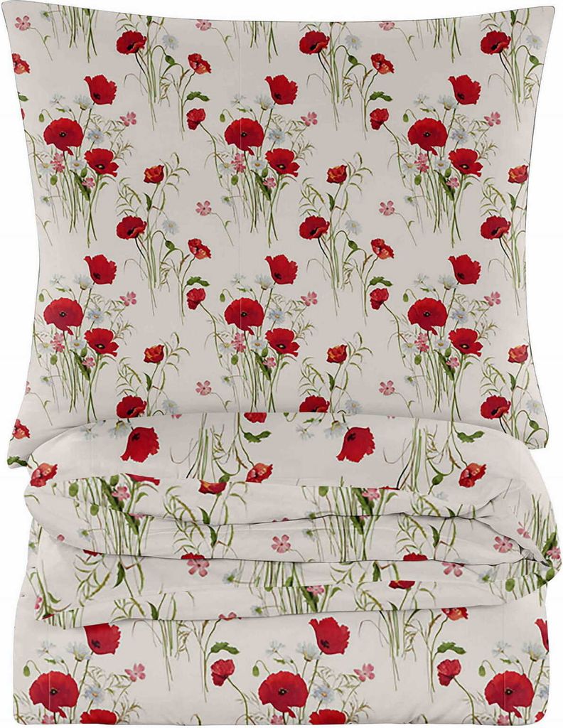 Bettwäsche - 155x200 cm - Bettbezug und Kissenbezügen Set - Mohnblumen - Hellgrau - Mikrofaser Baumwolle - 2 Kissenbezüge 70x80 cm