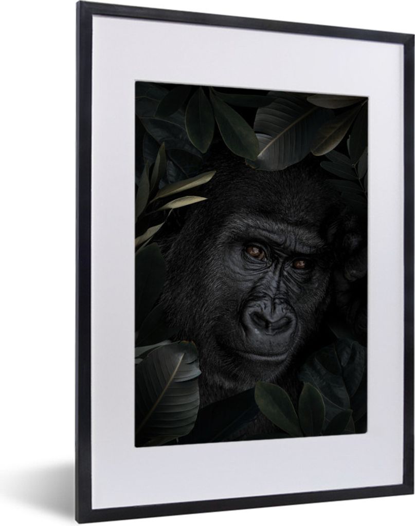 MuchoWow MuchoWow Gerahmtes Poster Gorilla - Pflanzen - Dschungel 30x40 cm - Poster mit zchwarzem Bilderrahmen - Wandposter Schlafzimmer
