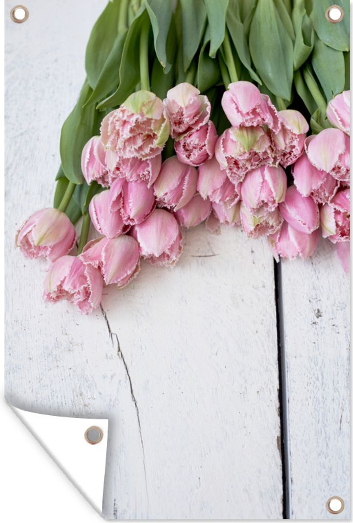 MuchoWow 60x90 cm Outdoor-Poster Gartendeko Sichtschutz Garten Poster für den Garten Rosa Tulpen auf einem weißen Tisch