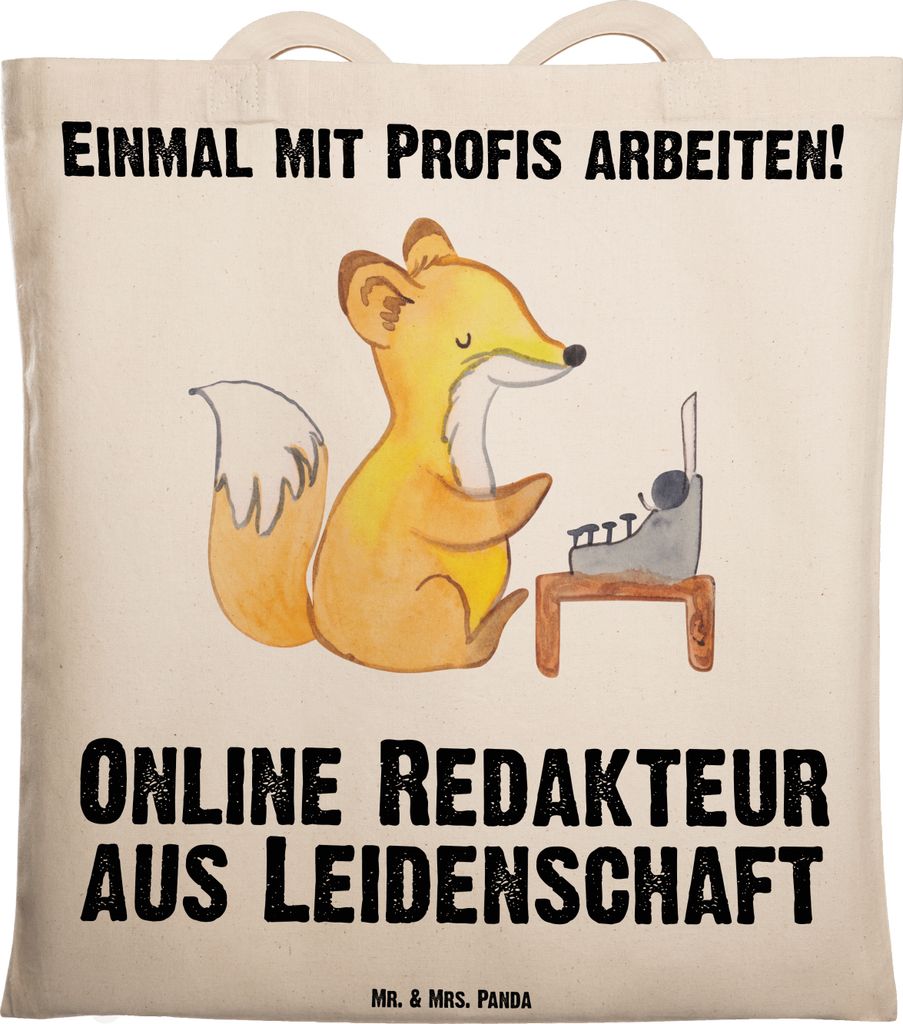 Mr. & Mrs. Panda Tote Bag Online Redakteur Leidenschaft - Transparent - Geschenk, Laptoptasche, Schultasche, Jutebeutel, Shopping Tasche