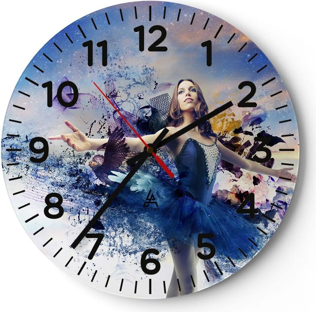 Wanduhr - Rund - Glasuhr - Ballerina Tänzer Tüll Kleid - 30x30cm - Schleichendes Uhrwerk - Lautlos - zum Aufhängen bereit - Dekoration Modern - ...