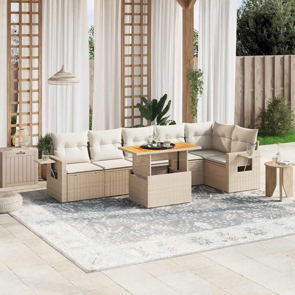 Design 7-tlg. Garten-Sofagarnitur mit Kissen Beige Poly Rattan, Gartenmöbel-Sets 2024 Neu