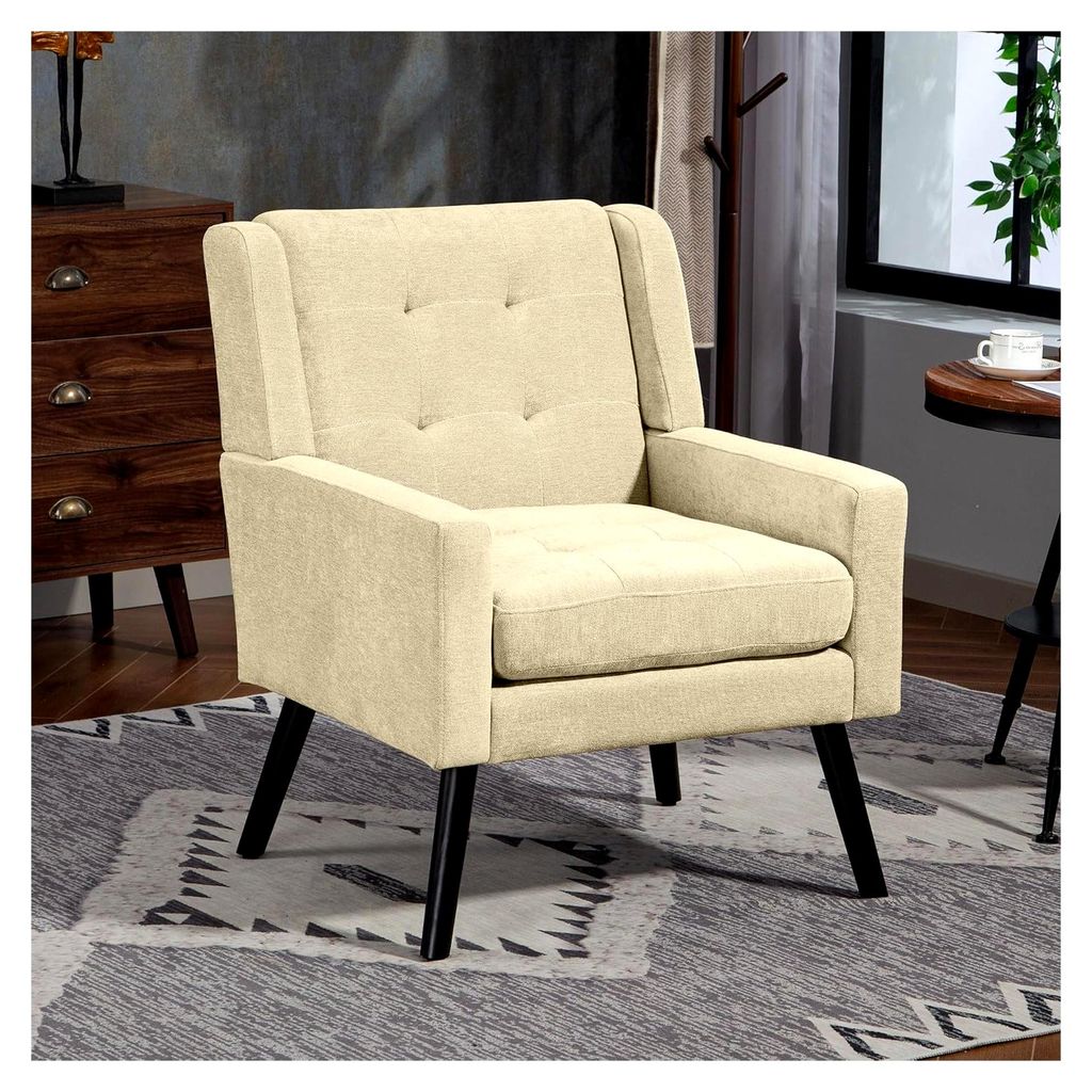 Sessel im Mid-Century-Modern-Stil mit Knopfpolsterung und Massivholzbeinen – Bequemer Polsterstuhl aus Wildleder mit hochdichter Schaumstoffpolst...