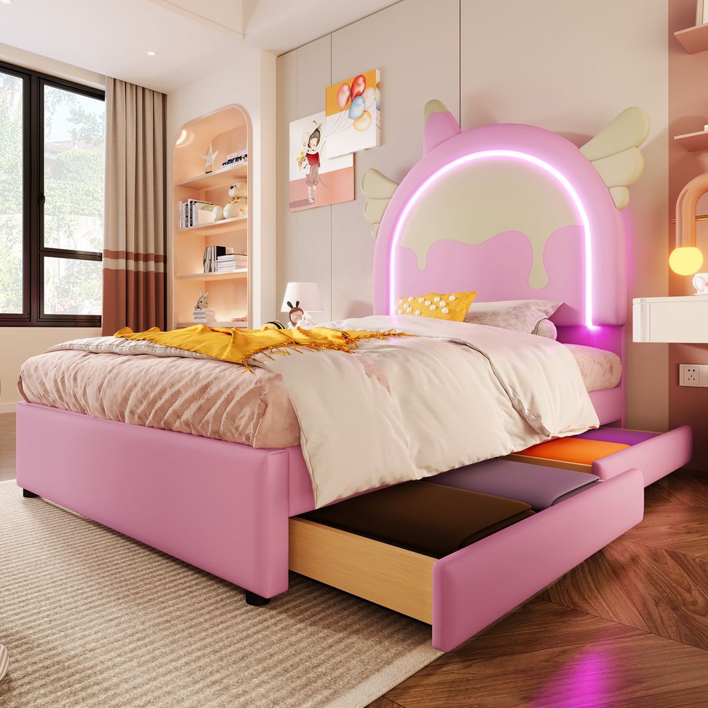 A child's bedroom with a pink platform bed featuring a whimsical headboard and integrated storage drawers.