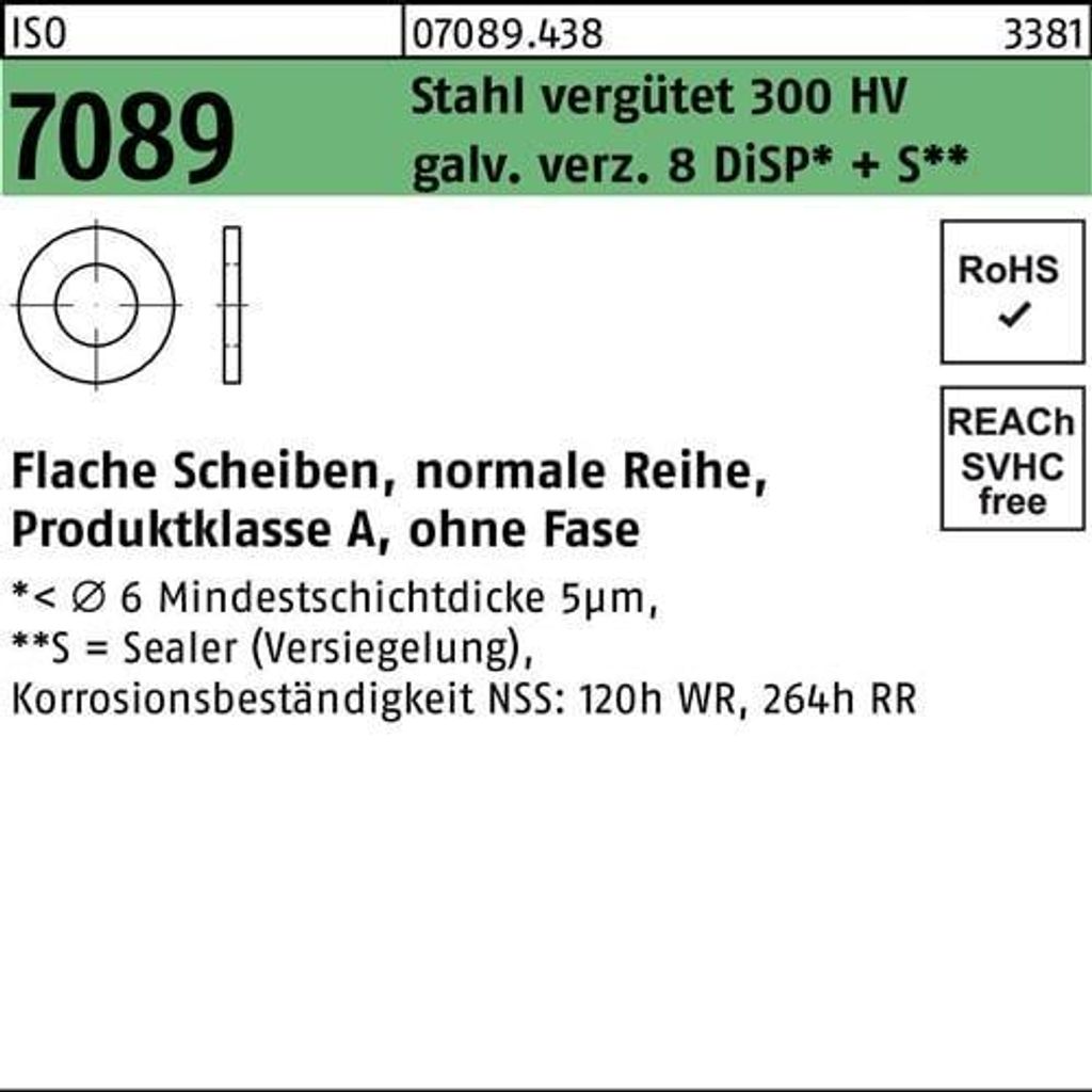 Unterlegscheibe ISO 7089 o.Fase 5 Stahl 200 HV galv.verzinkt 8 DiSP+S
