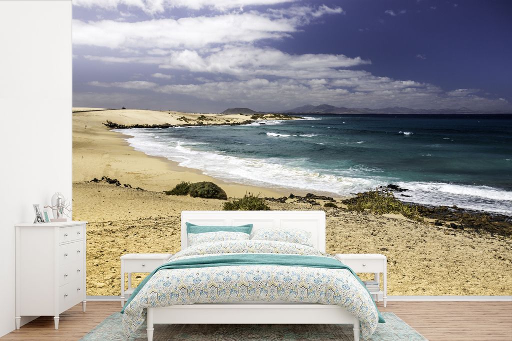 MuchoWow Fototapete für Wohnzimmer oder Schlafzimmer Wandtapete Vinyl Motivtapete Wellen spülen an den Strand von Fuerteventura - 390x260 cm - ...