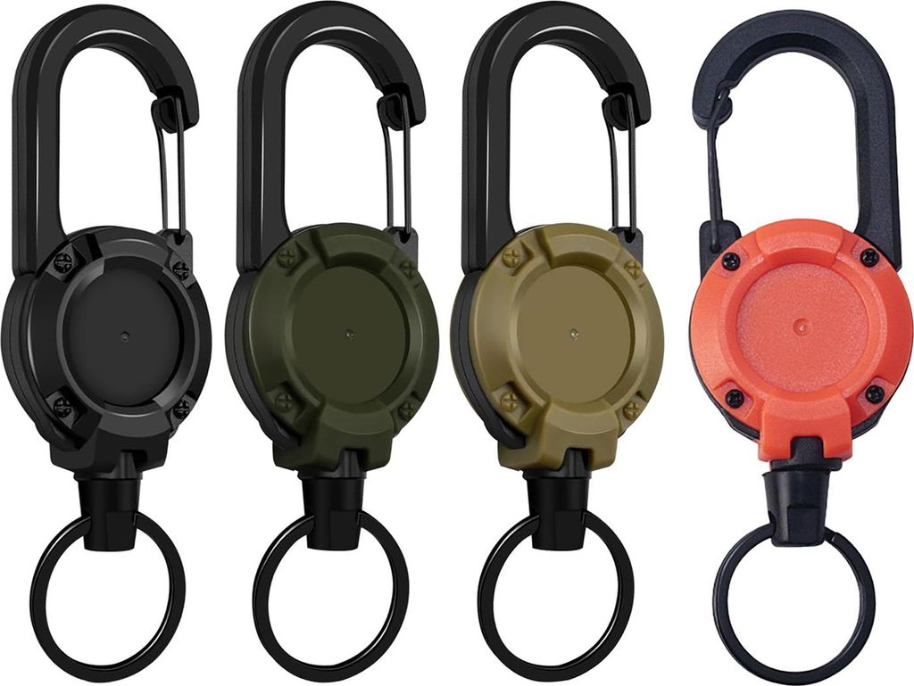 1/4-teiliger einziehbarer Schlüsselanhänger mit 60 cm Stahlkordel, robuster Karabiner, Ausweishalter, ausziehbar, für Camping und Wandern, häng...