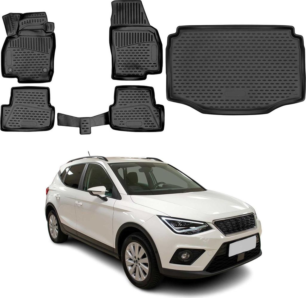 A collage of car floor mats and a trunk liner, with a white car in the foreground.