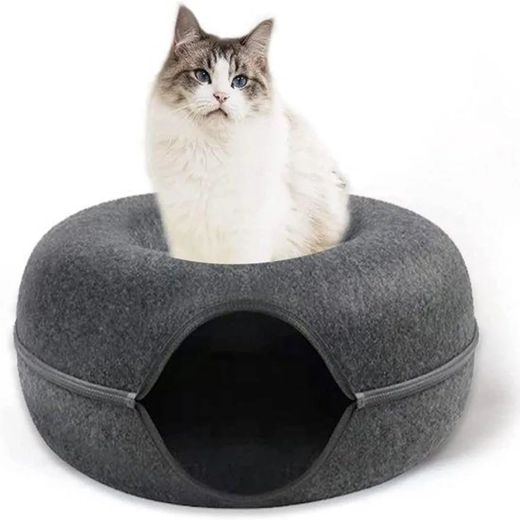 Lit grotte pour chat avec tunnel de jeu et jouet suspendu en feutre doux