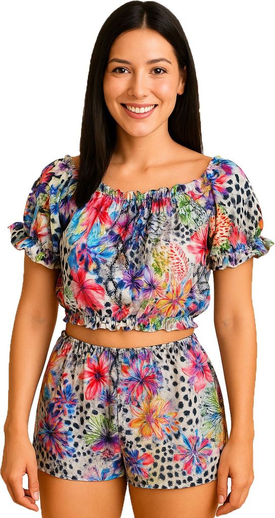 Sommer Outfit kurze Hose & bauchfreies Top für Damen Hawaii-Motiv