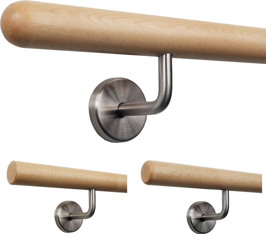 TIBU Handlauf Holz Ahorn Ø 35 mm für Geländer Länge 440 cm + 6 Halter und Enden Halbkugel gefräst