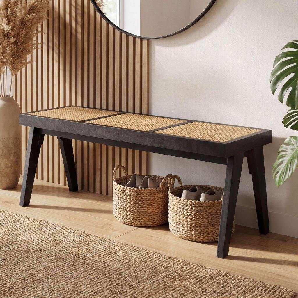 Panca da seduta FineBuy, rattan, acacia, legno massello, Immagine del prodotto 