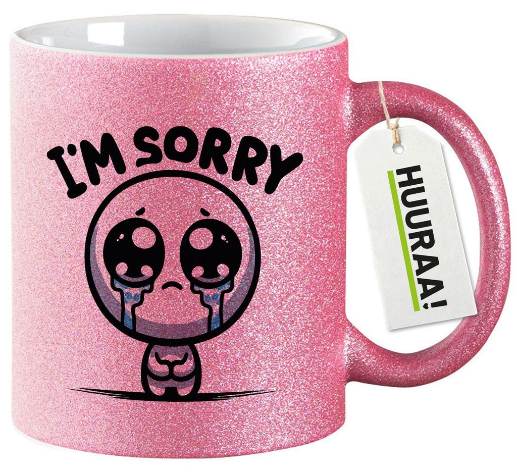 Huuraa Glitzertasse I'm sorry weinendes Männchen 330ml Pink Keramik Kaffeebecher Geschenkidee