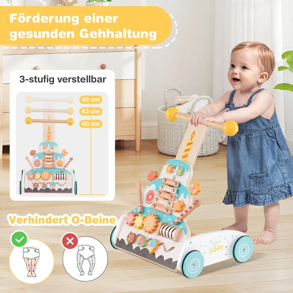Chariot de Marche Bébé Multi-Activités en Bois et Jouets d'Éveil