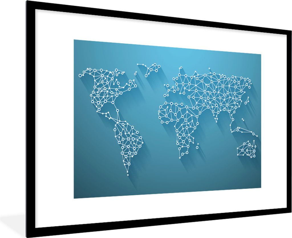 MuchoWow Gerahmtes Poster Weltkarte - Linien - Blau 90x60 cm - Poster mit Schwarzem Bilderrahmen Wandposter Rahmen Foto Bilder - Wanddekoration -...
