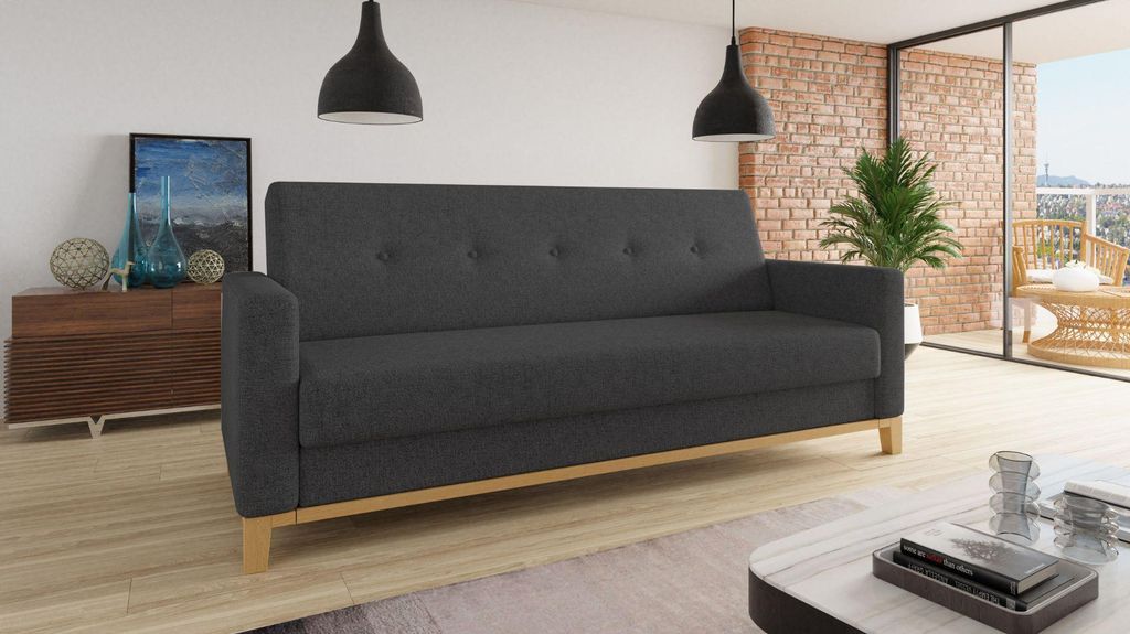 Sofa Wood mit Schlaffunktion - Schlafsofa mit Bettkasten, Bettsofa, Massivholz, Polstersofa mit Holzfüße (Schwarz (Twist 23))