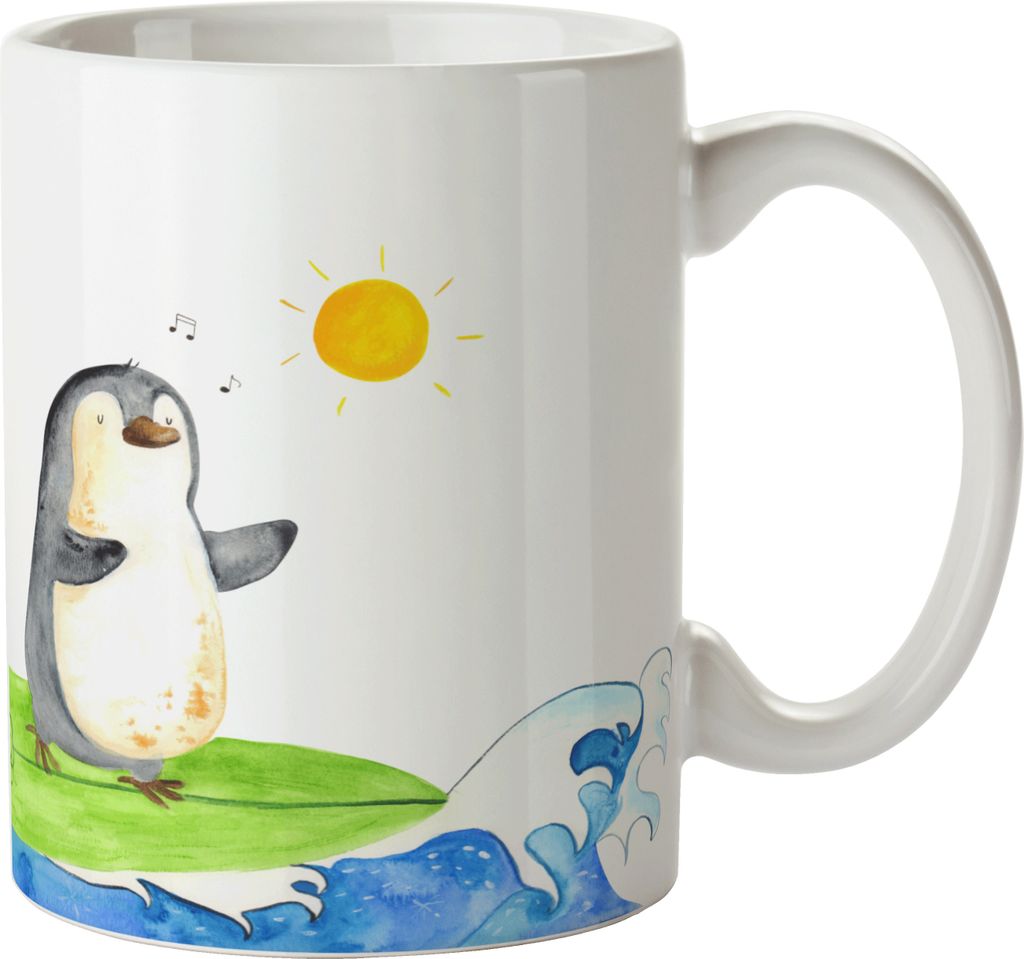 Mr. & Mrs. Panda Tasse Pinguin Surfer - Weiß - Geschenk, Kaffeepott, Portugal, kaffeebecher keramik, Kaffeetasse, Urlaub, Pott, Motiviert, Optimis...
