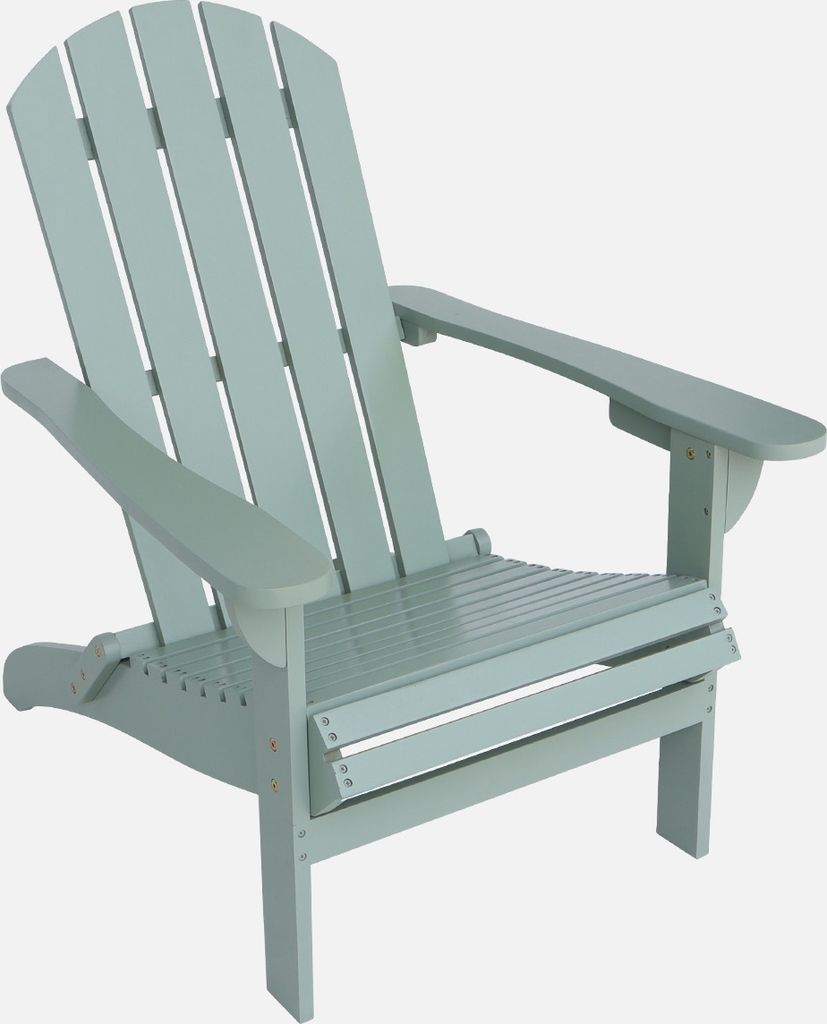 A single gray-green Adirondack chair is shown against a white background.