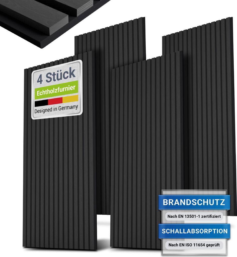 Juskys Wandpaneele Akustik 4er Set 2,88 qm - Verbesserte Akustik durch schallabsorbierende Materialien - Eiche Dunkelgrau