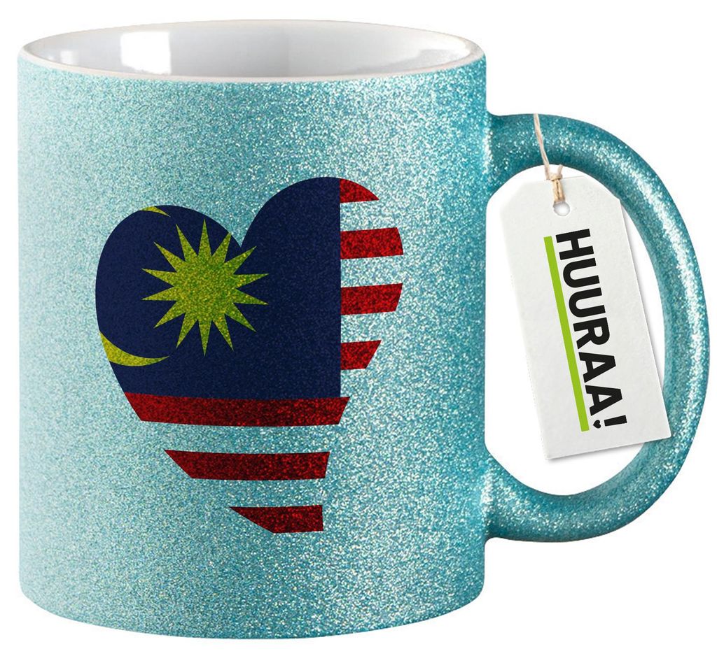 Huuraa Glitzertasse Malaysia Flagge Herz 330ml Blau Keramik Kaffeebecher Geschenkidee