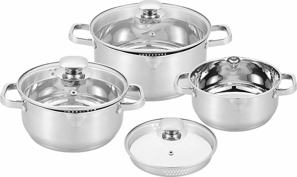 A set of four stainless steel pots with glass lids, arranged on a white background.