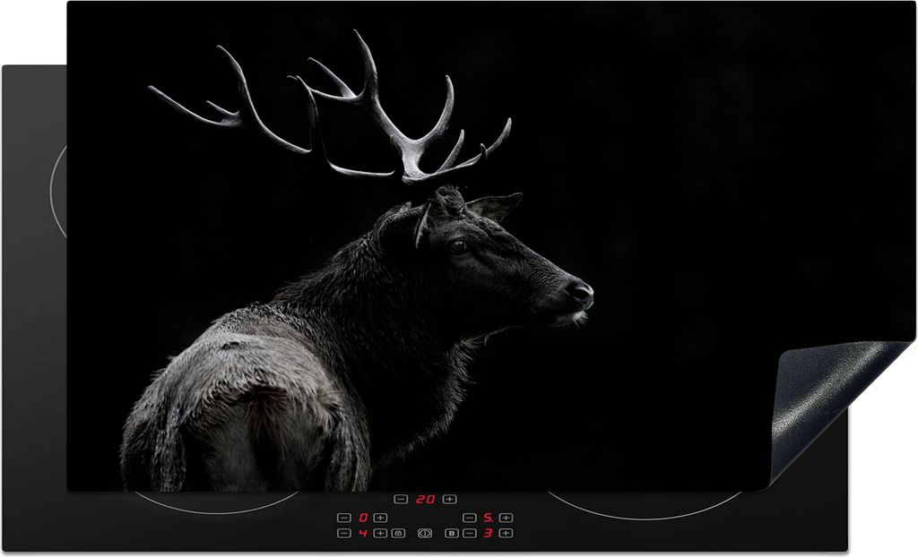 KitchenYeah Herdabdeckplatte Hirsch - Schwarz - Porträt - Geweih - Tiere , 90x52cm, Küche Deko, Glaskeramikfeld Herdabdeckung, Abdeckplatte fù...