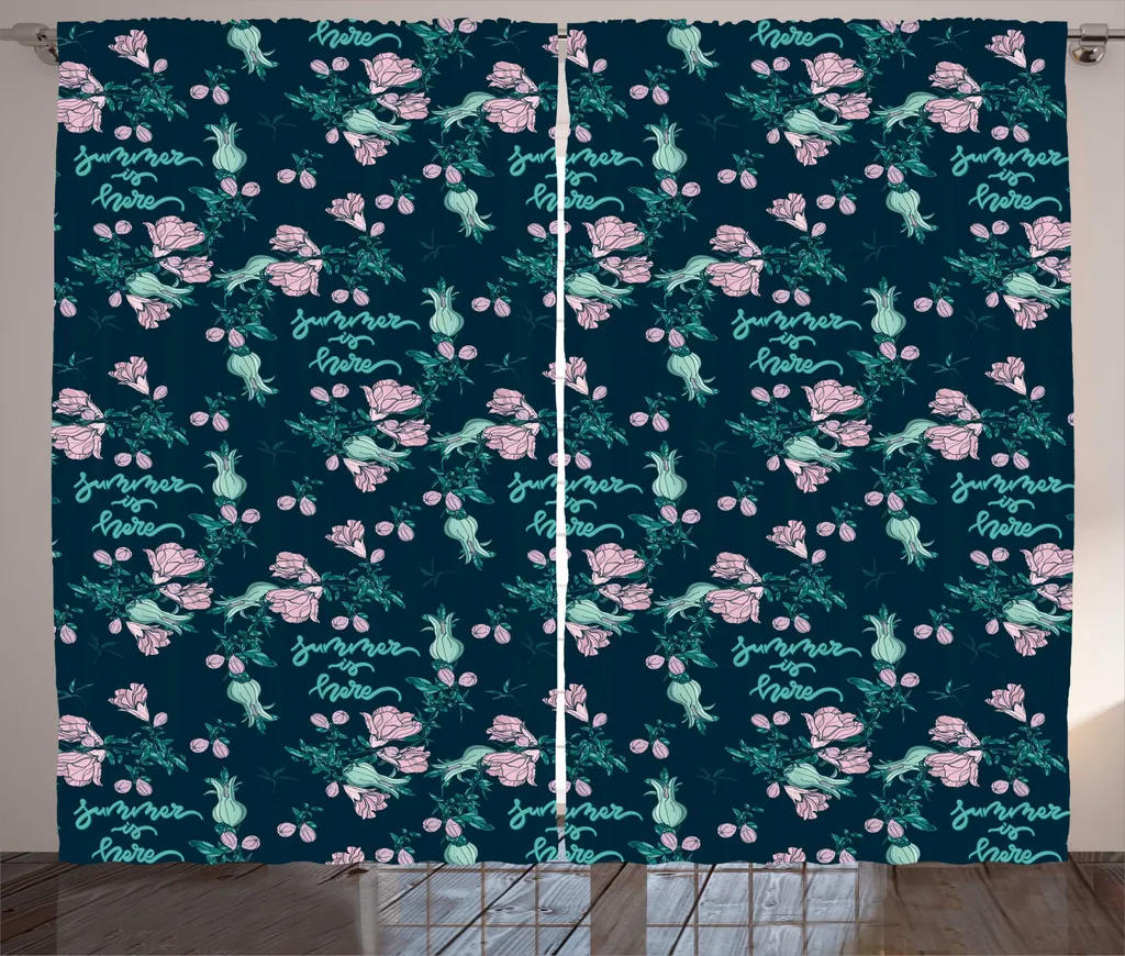 Rideau Romantique Rustique ABAKUHAUS 280x225cm Fleurs Été Rose et Bleu