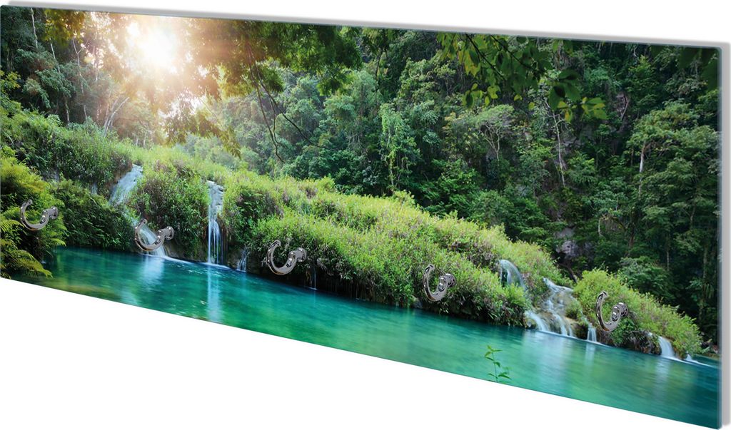 Wallario Flurgarderobe Wandgarderobe aus Glas, mit 5 Haken, Größe 80 x 30 cm, Motiv Türkisgrüner See im Nationalpark in Guatemala