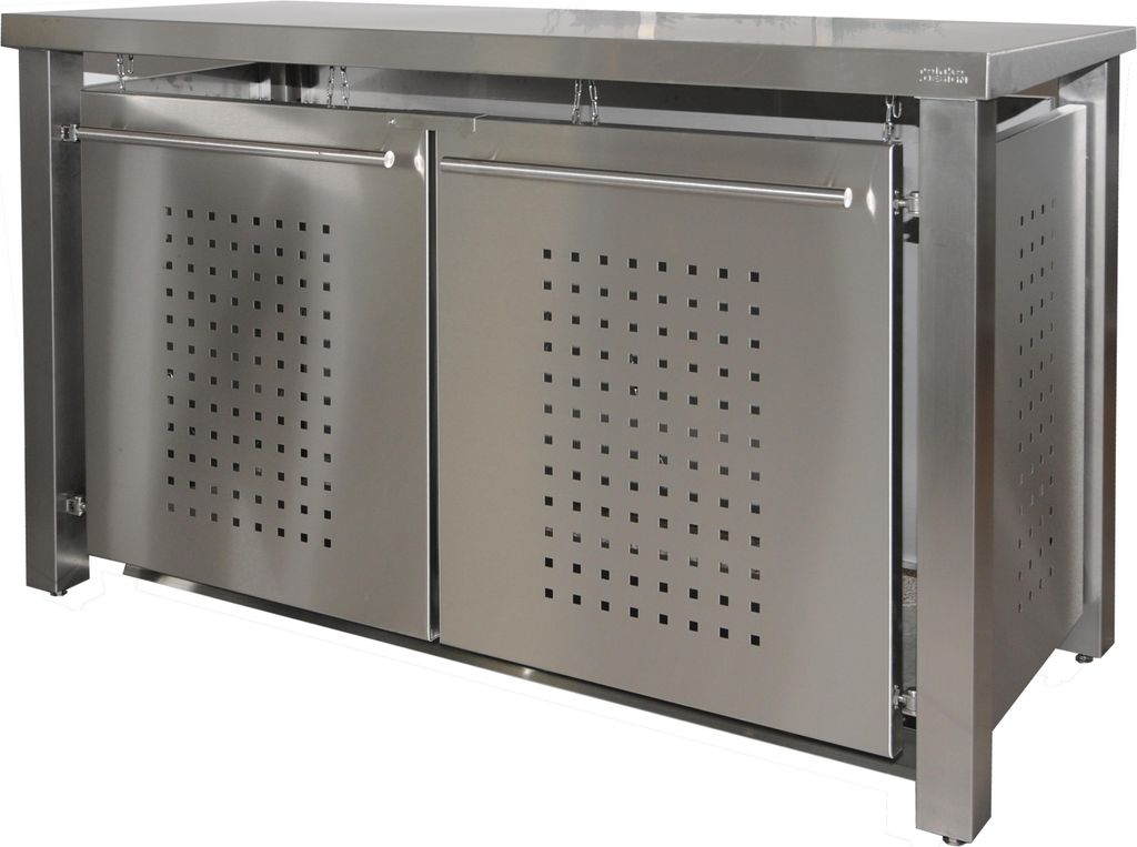 reinkeDESIGN | Tonnenhaus dreier 1x240L + 2x120L | Typ_E | Flachdach, Pfosten in VA, Fronten VA 1.4301 | für Reihenhaus, regionale Herstellung