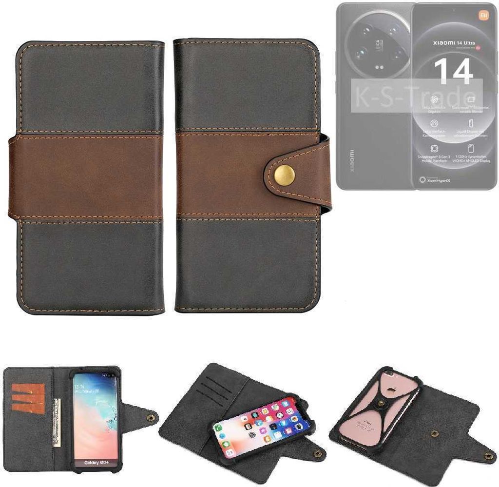 K-S-Trade Handyhülle Schutzhülle Hülle Bookstyle Wallet-Case kompatibel mit Xiaomi 14 Ultra Bumper Rundumschutz schwarz-braun 1x