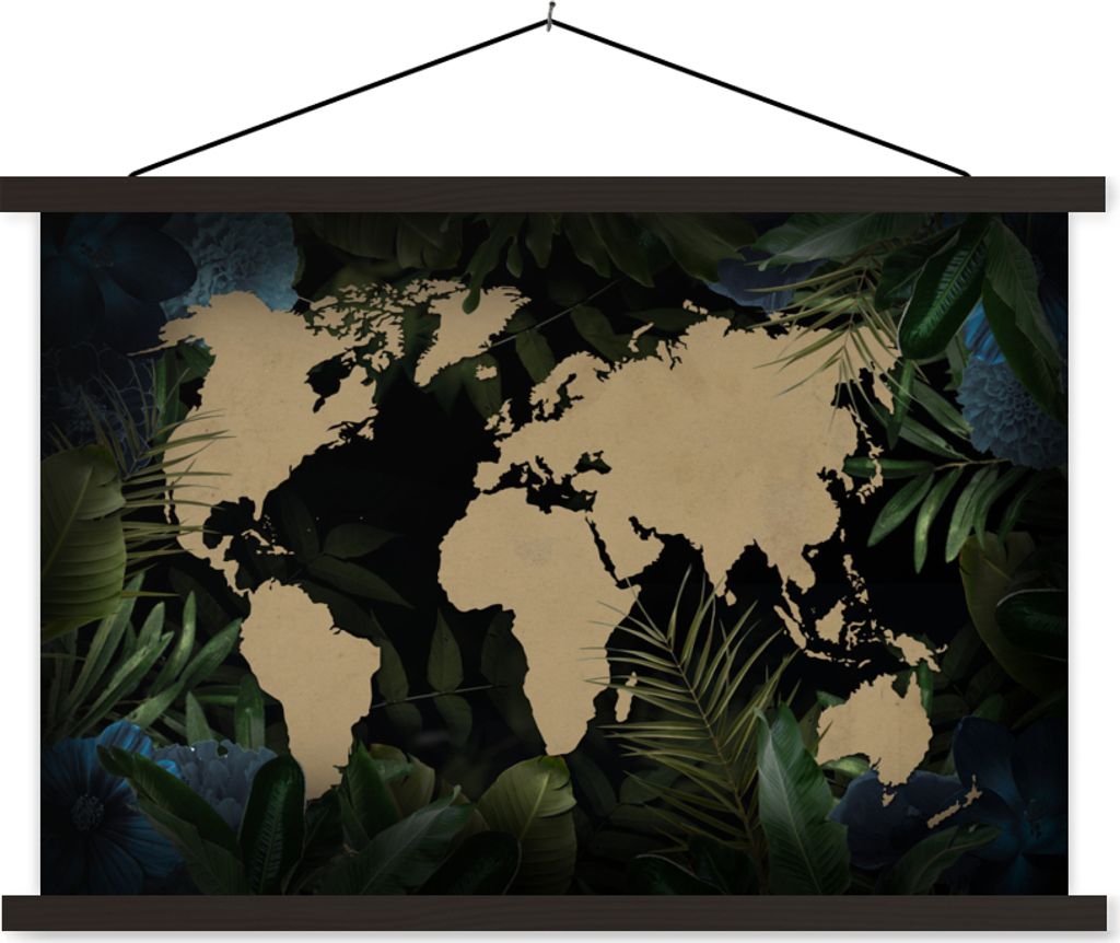 MuchoWow Textilposter Weltkarte - Schwarz - Blätter 120x80 cm mit schwarzem Rahmen - Wanddeko