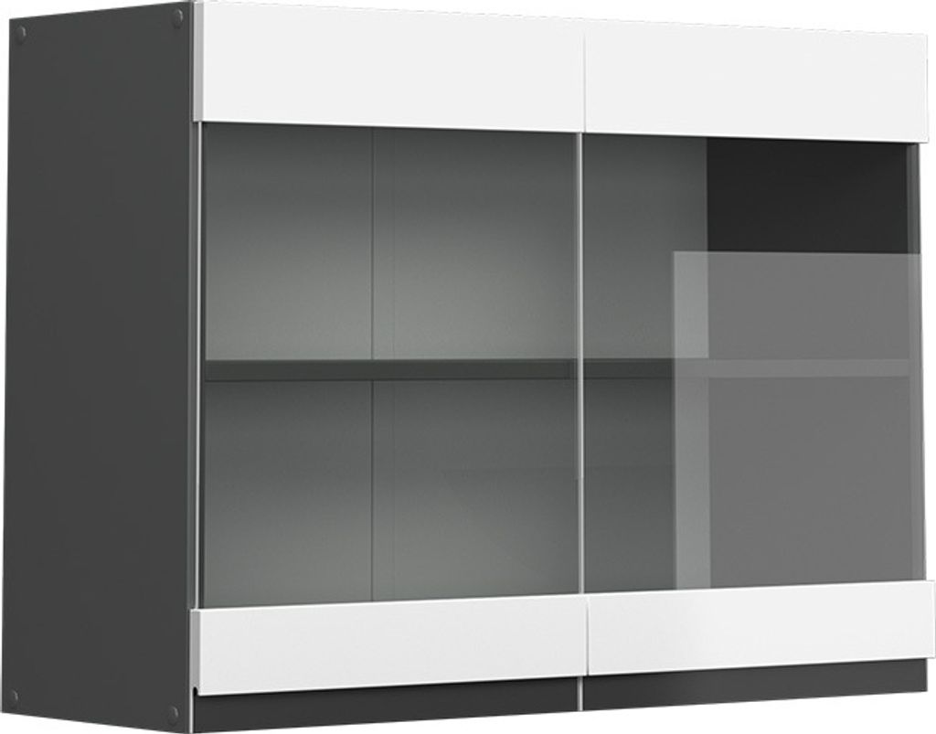 A modern, two-door glass cabinet with white and anthracite finishes, presented against a white background.