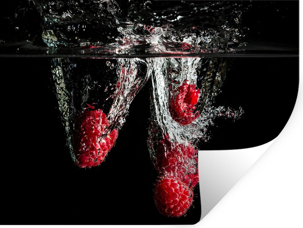 MuchoWow Wandtattoo Wandsticker Wandaufkleber Himbeeren - Obst - Stilleben - Wasser - Schwarz - Rot 120x90 cm Selbstklebend und Repositionierbar ...